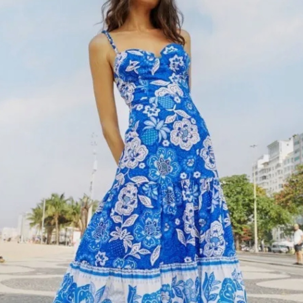 Farm Rio Full of Flowers Blue and White Dress